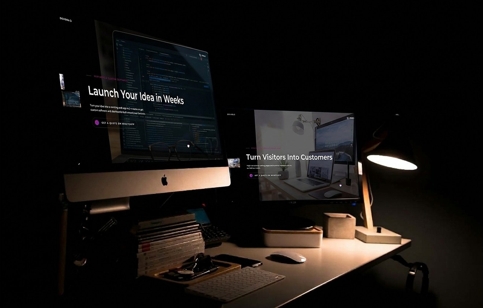 Entwickler-Arbeitsplatz von DEVORA mit Code auf dem Monitor
